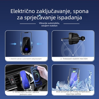 Držač za telefon u automobilu na ventilacijskom otvoru s bežičnim punjenjem, 360° rotacija, USB punjač, električno stezanje