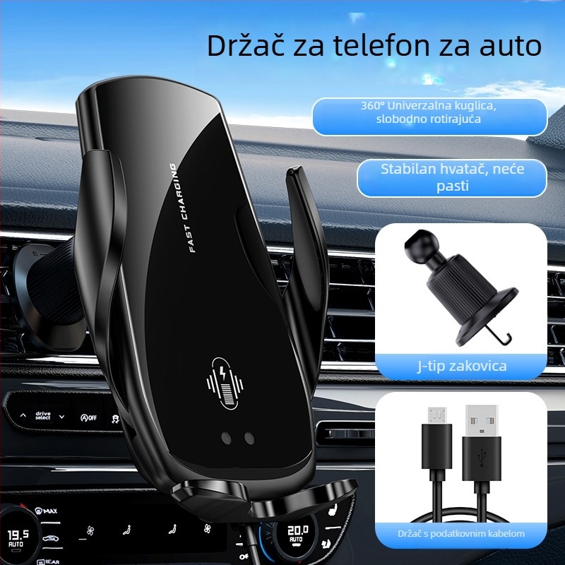 Držač za telefon u automobilu na ventilacijskom otvoru s bežičnim punjenjem, 360° rotacija, USB punjač, električno stezanje