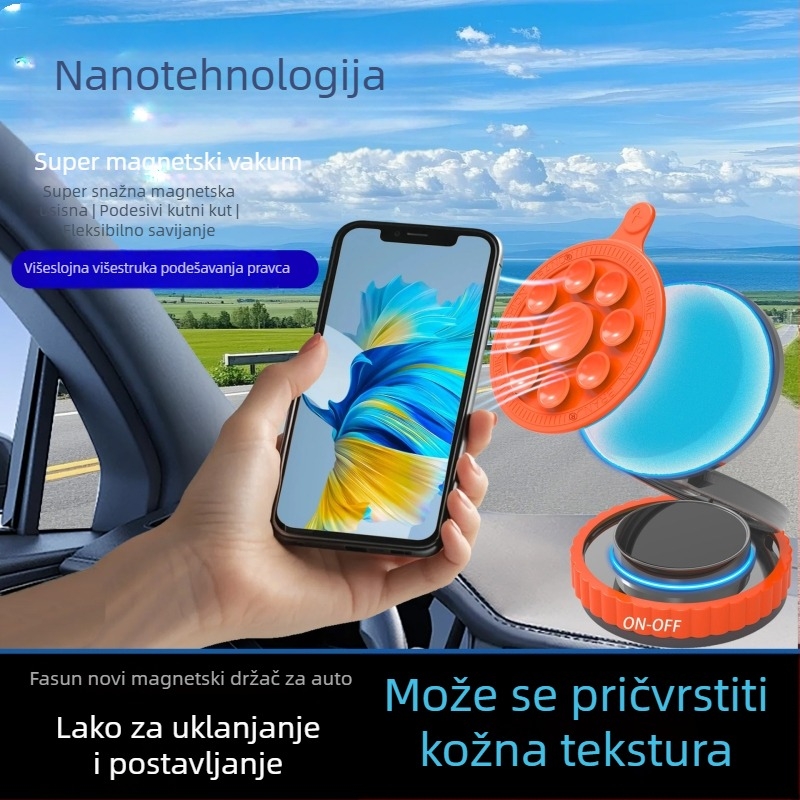 Držač za telefon u automobilu s vakuum-priključkom, magnetskim nosačem, sklopni, hvataljka tipa hobotnica – univerzalna kompatibilnost, montaža ljepilom