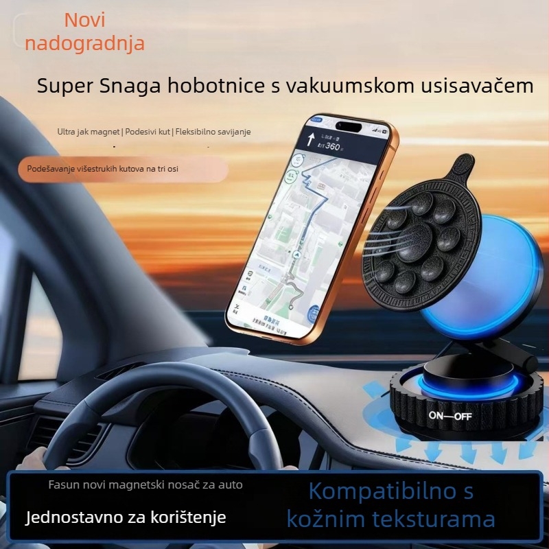 Držač za telefon u automobilu s vakuum-priključkom, magnetskim nosačem, sklopni, hvataljka tipa hobotnica – univerzalna kompatibilnost, montaža ljepilom