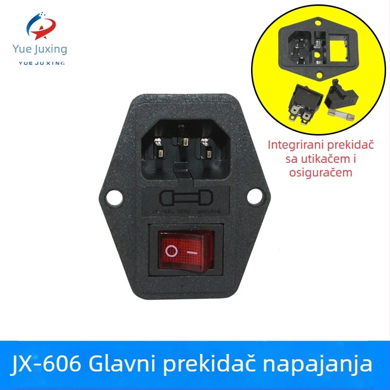 Glavni prekidač napajanja s osiguračem za claw machine, model JX-606, materijal plastika, težina 0,08 kg, tiskani logotip, OEM obrada.