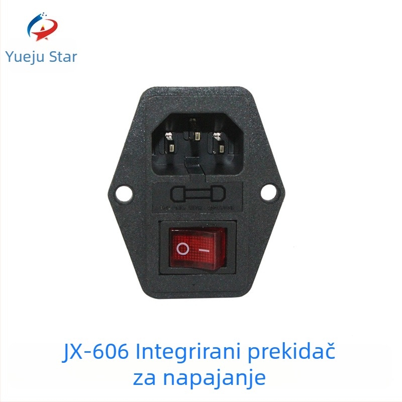 Glavni prekidač napajanja s osiguračem za claw machine, model JX-606, materijal plastika, težina 0,08 kg, tiskani logotip, OEM obrada.