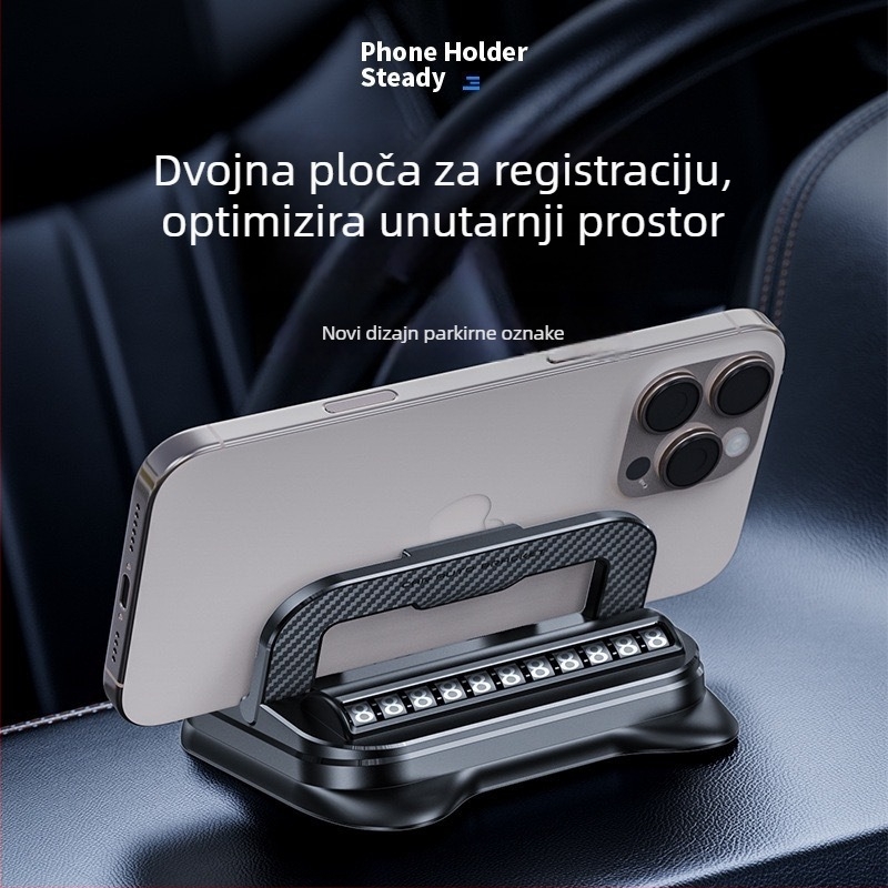Dvostruki držač za telefon u automobilu i nosač navigacije na ploči s ljepilnim ugradnim sustavom, 360° rotacija, univerzalna kompatibilnost, držač privremene tablice za parkiranje