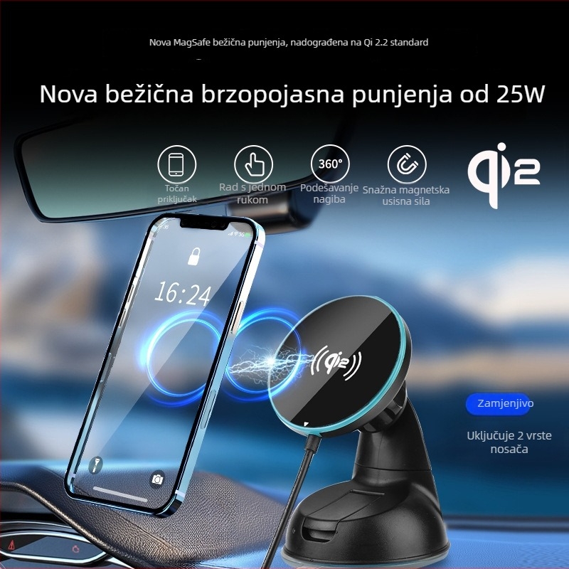 Qi 2.2 Bežično brzo punjenje 25W Magnetska auto-stanica za punjenje s držačem za telefon na vakuumskoj čašici za Apple iPhone 16/17