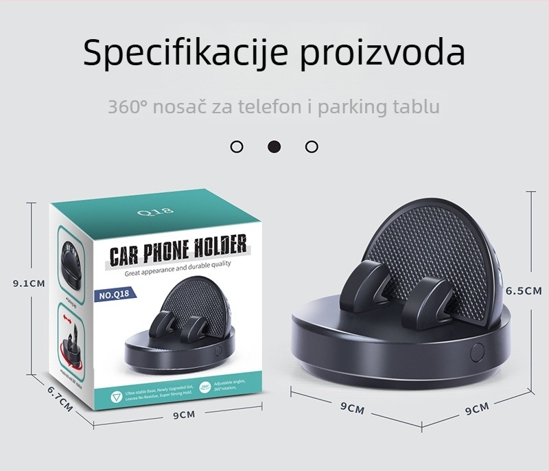 Držač za telefon u automobilu na ploči s 360° rotacijom, svijetleći, ljepilni montažni, za navigaciju i privremenu parkirnu pločicu