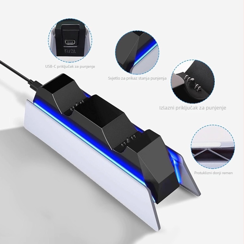 PS5 Stanica za Punjenje Kontrolera s USB-C, Dvostruko Brzo Punjenje, LED Indikator, ABS Kućište, Uključuje USB-C Kabel