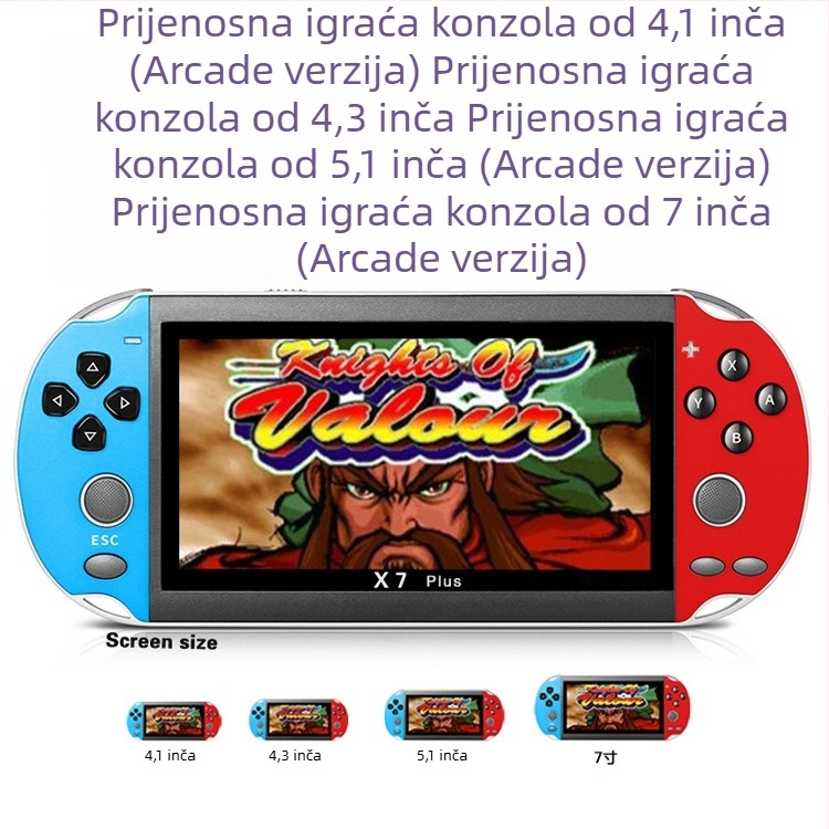 Prenosiva igraća konzola s zaslonima 4.1–4.3 inča (x7), 5.1 inča x7plus i 7 inča x12plus, bez unaprijed instaliranih igara