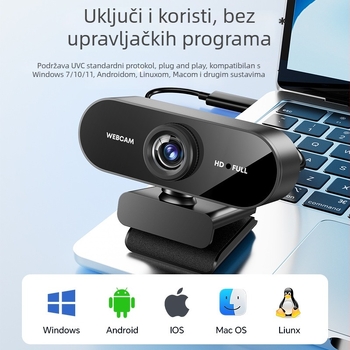 USB web kamera za stolno i prijenosno računalo, 1920x1080, 2.0MP senzor, USB 2.0, Plug‑and‑Play, ugrađeni mikrofon