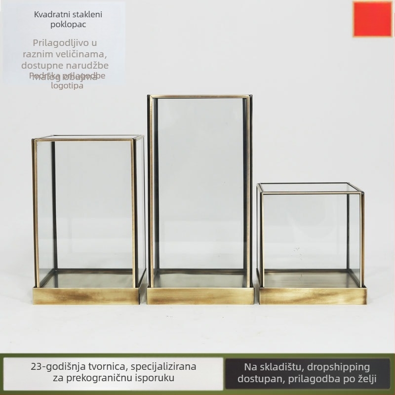 Urban Accessories Home Kvadratična staklena kutija s poklopcem za mikro krajolik, ručno izrađena od bakra i stakla