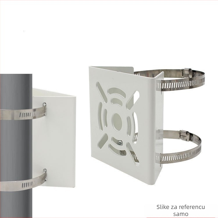 Jačana montažna skoba za videonadzor za dome i bullet kamere; za montažu na stupove, rasvjetna tijela i telekom stupa; Materijal: čelična ploča; Premaz: plastificirani premaz