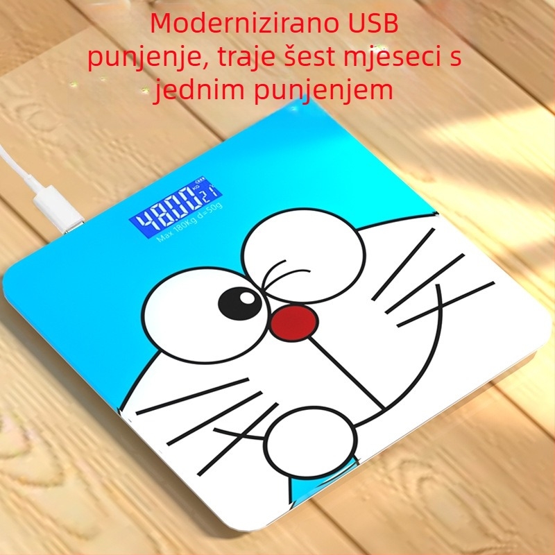 Digitalna vaga s USB punjenjem, visoka preciznost, slatki crtani dizajn, za studentske domove, kućni mjerač težine, maksimalni kapacitet 180 kg