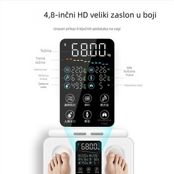 Pametna kućna vaga s velikim zaslonom u boji, Bluetooth digitalna vaga za fitness, vaga za tjelesnu masnoću s osam elektroda