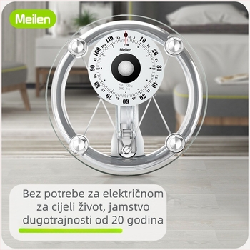 Kućna staklena mehanička vaga s prozirnim panelom, okruglog oblika, kapacitet 120 kg.