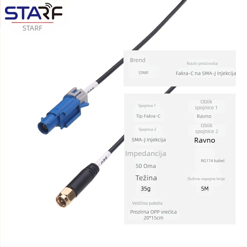 Kabel za proširenje antene kamere/GPS Fakra C–SMA muški, injekcijski oblik, RG174, izolator: željezo teflon