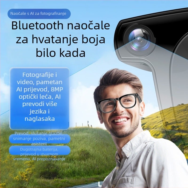 Pametne naočale s AI prijevodom i prepoznavanjem slika, 8 MP kamera, 32 GB memorije, težina 39 g, za nošenje na glavi, upravljanje dodirom i gumbom, kompatibilno s Android iOS