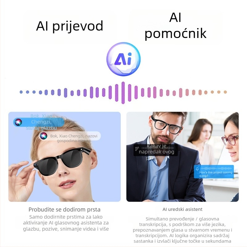 Pametne naočale s AI prijevodom i prepoznavanjem slika, 8 MP kamera, 32 GB memorije, težina 39 g, za nošenje na glavi, upravljanje dodirom i gumbom, kompatibilno s Android iOS