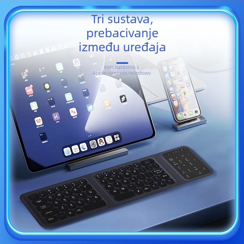 Bluetooth tipkovnica s trostrukim sklopom i touchpadom – ultra tanka, punjiva, tiha, za pametne telefone i tablete