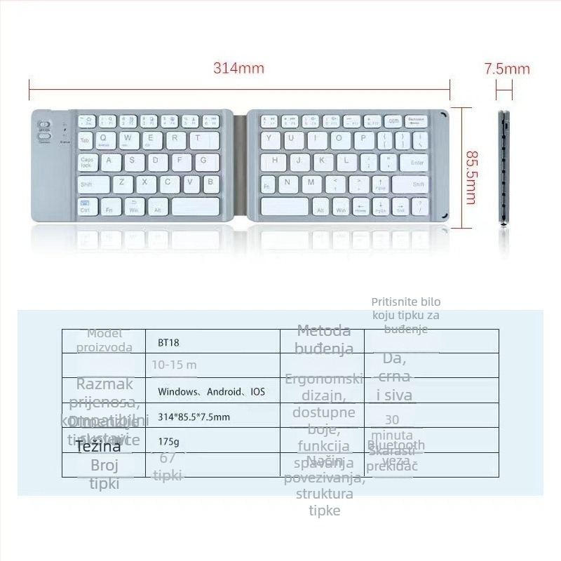 BO33 Bluetooth sklopiva tipkovnica za telefone i tablete, dvostruki sklopni dizajn, kompatibilnost s 3 sustava, 0,3 kg
