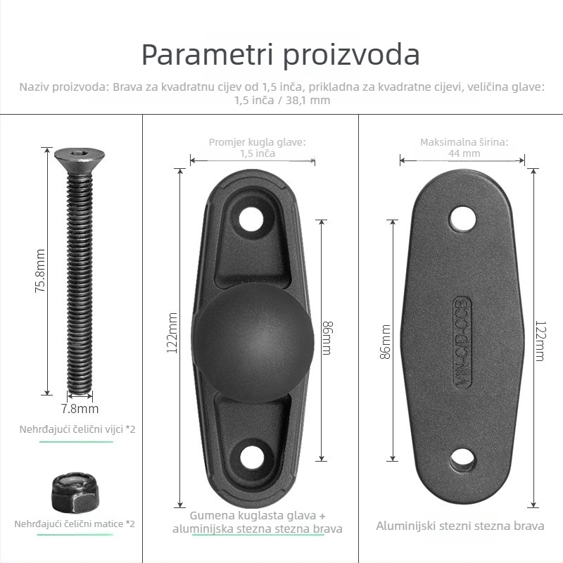 Držač kvadratne cijevi s C-tipom kuglične glave za viljučare i tešku opremu; težina 400 g; statičko opterećenje do 6 kg, dinamičko do 3 kg
