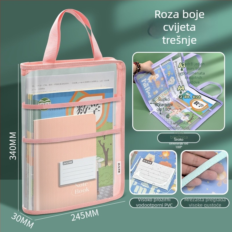 A4 torba za dokumente, vodootporni organizator papira, otvaranje u L-obliku od 180°, torba za školske potrepštine