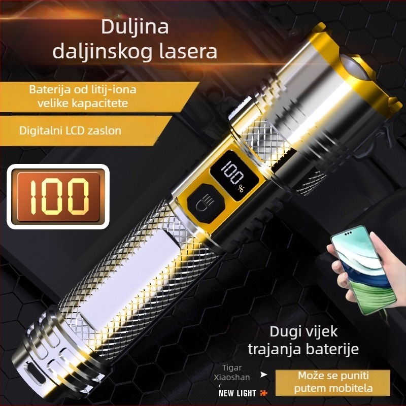 Yao Mountain Tiger LED flashlight s digitalnim zaslonom; 30W snaga; laserska zraka; 1800mAh baterija; optički zum; domet >500 m