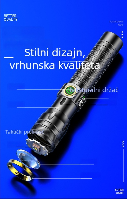 LED baterija s digitalnim zaslonom, aluminijsko kućište, punjiva 1200 mAh baterija, svjetlina 240–350 lm, domet do 500 m