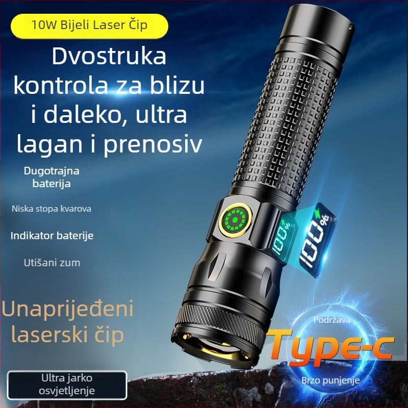 LED baterija s digitalnim zaslonom, aluminijsko kućište, punjiva 1200 mAh baterija, svjetlina 240–350 lm, domet do 500 m
