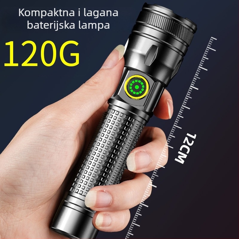 LED baterija s digitalnim zaslonom, aluminijsko kućište, punjiva 1200 mAh baterija, svjetlina 240–350 lm, domet do 500 m