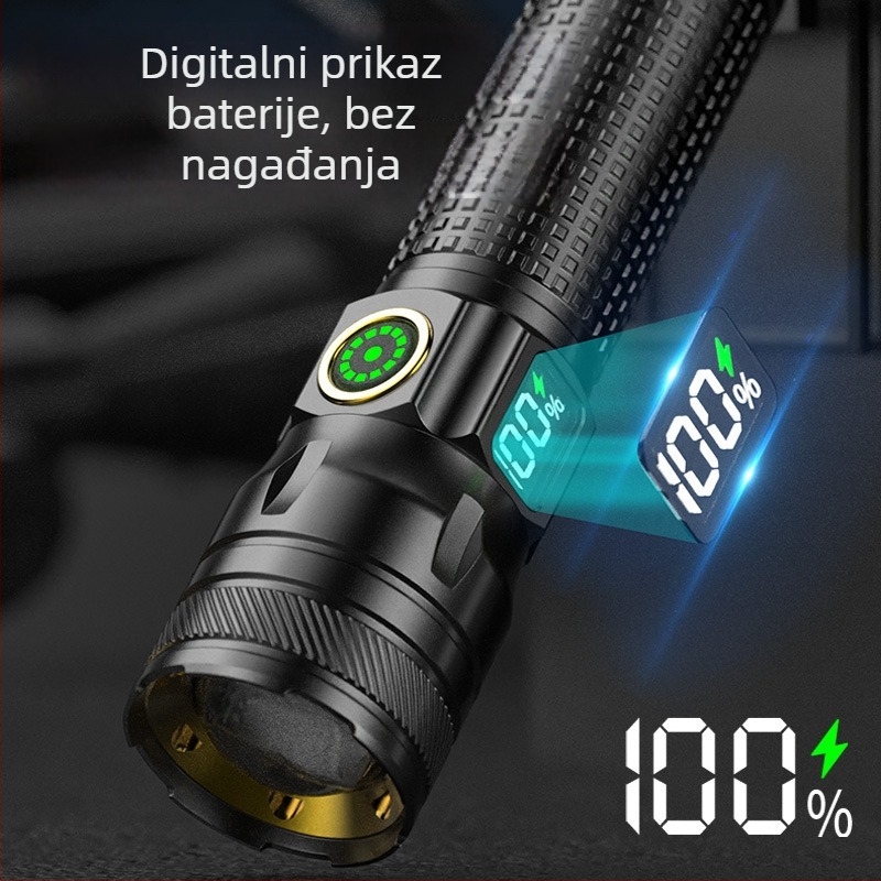 LED baterija s digitalnim zaslonom, aluminijsko kućište, punjiva 1200 mAh baterija, svjetlina 240–350 lm, domet do 500 m
