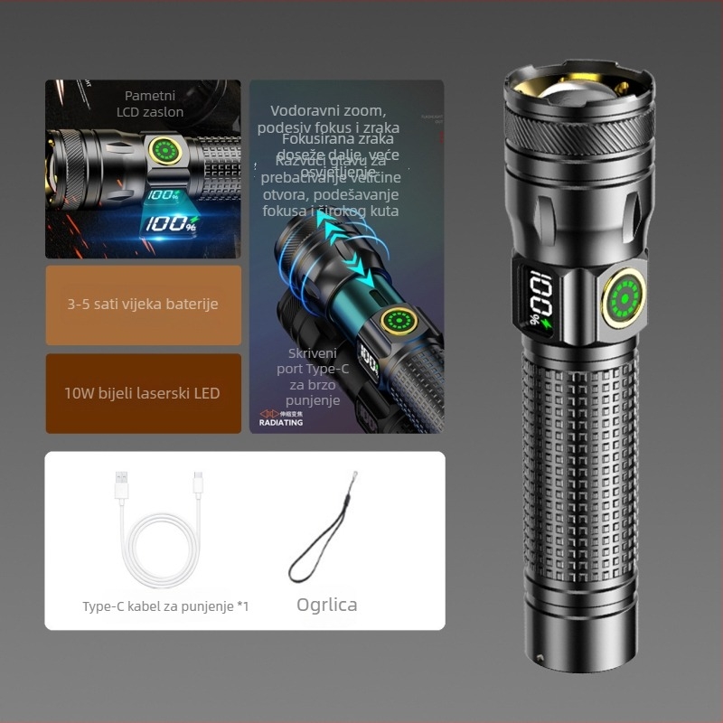 LED baterija s digitalnim zaslonom, aluminijsko kućište, punjiva 1200 mAh baterija, svjetlina 240–350 lm, domet do 500 m