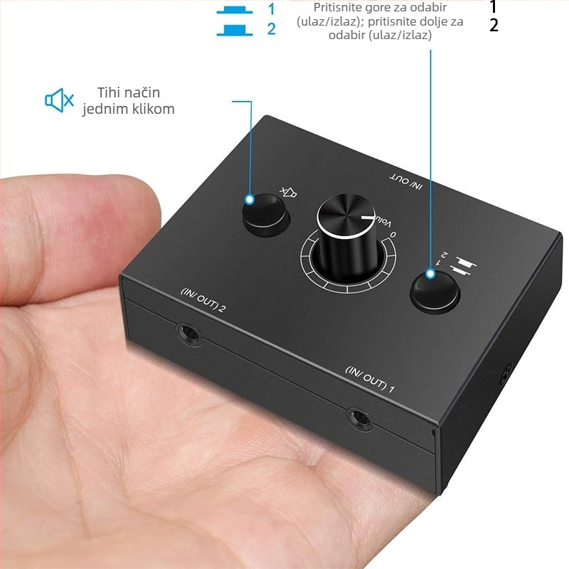 Oxygen GV-AC014 3.5 mm audio preklopnik, 2 ulaza, 1 izlaz, kompatibilan s mobitelima, PC-om i tabletima, bez gubitka zvuka, visoka vjernost zvuka, podesiva glasnoća