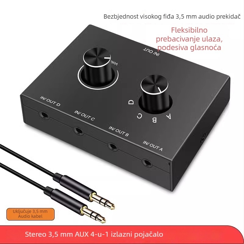 Oxygen GV-AC014 3.5 mm audio preklopnik, 2 ulaza, 1 izlaz, kompatibilan s mobitelima, PC-om i tabletima, bez gubitka zvuka, visoka vjernost zvuka, podesiva glasnoća