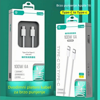 USB-C kabel s opletenim za brzo punjenje, duljina 1–2 m, jednosmjerni konektor