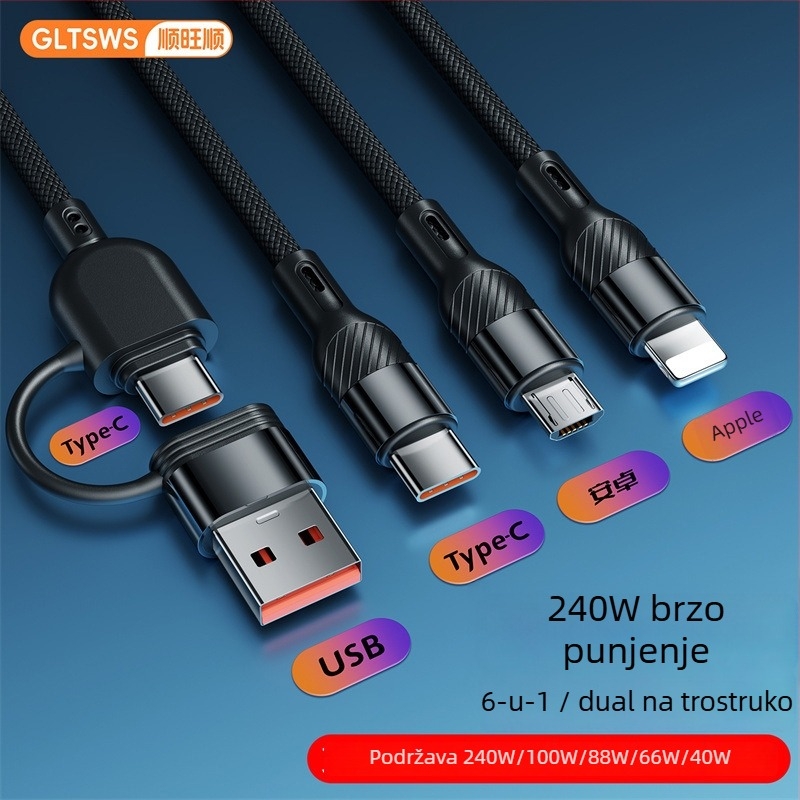 PD240W višeportni kabel za brzo punjenje s Lightning/Micro USB/Type-C - duljina 1-2 m, 2-3 izlaza, pleteni kabel