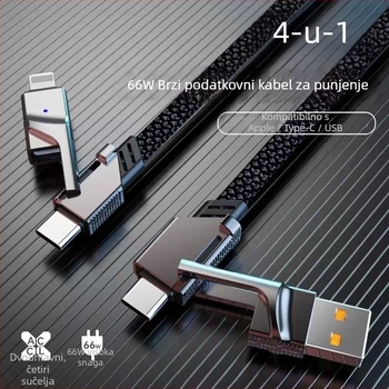 Master 4-u-1 kabel za prijenos podataka i brzo punjenje s Lightning, Micro USB i Type-C priključcima, 65W, duljina 1–2 m, pleteni kabel