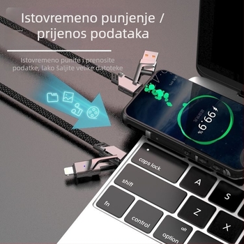 Master 4-u-1 kabel za prijenos podataka i brzo punjenje s Lightning, Micro USB i Type-C priključcima, 65W, duljina 1–2 m, pleteni kabel