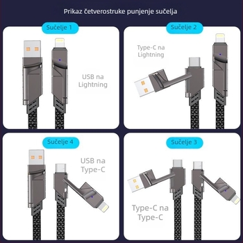 Master 4-u-1 kabel za prijenos podataka i brzo punjenje s Lightning, Micro USB i Type-C priključcima, 65W, duljina 1–2 m, pleteni kabel