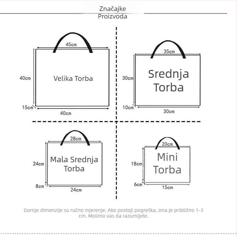 Platnena ženska torba s horizontalnim kvadratnim oblikom, zatvarač, unutarnja džep s zipom, poliester podstava