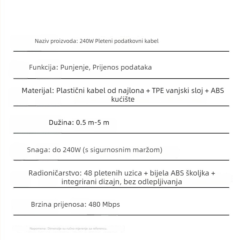 PD240W USB-C kabel za brzo punjenje — Pleteni kabel, 30W maksimalno, Type-C sučelje