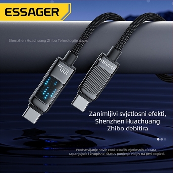 ESSAGER USB Type-C na Type-C kabel 100W PD brzo punjenje za telefon, tablet i prijenosno računalo, duljina 1–2 m