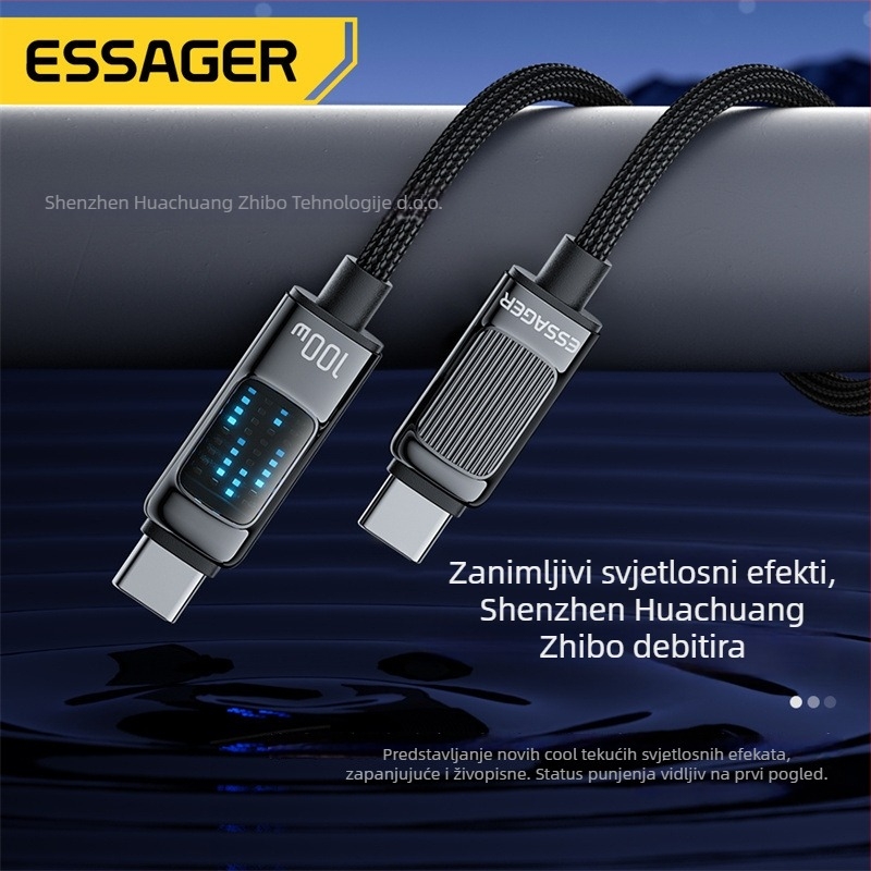 ESSAGER USB Type-C na Type-C kabel 100W PD brzo punjenje za telefon, tablet i prijenosno računalo, duljina 1–2 m