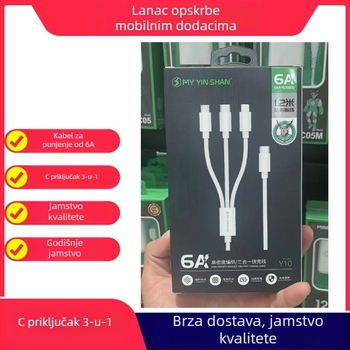 Y10 120W brzi punjač podatkovni kabel s 1 na 3 razgranom, Lightning, Micro USB i USB-C, duljina 1,2 m