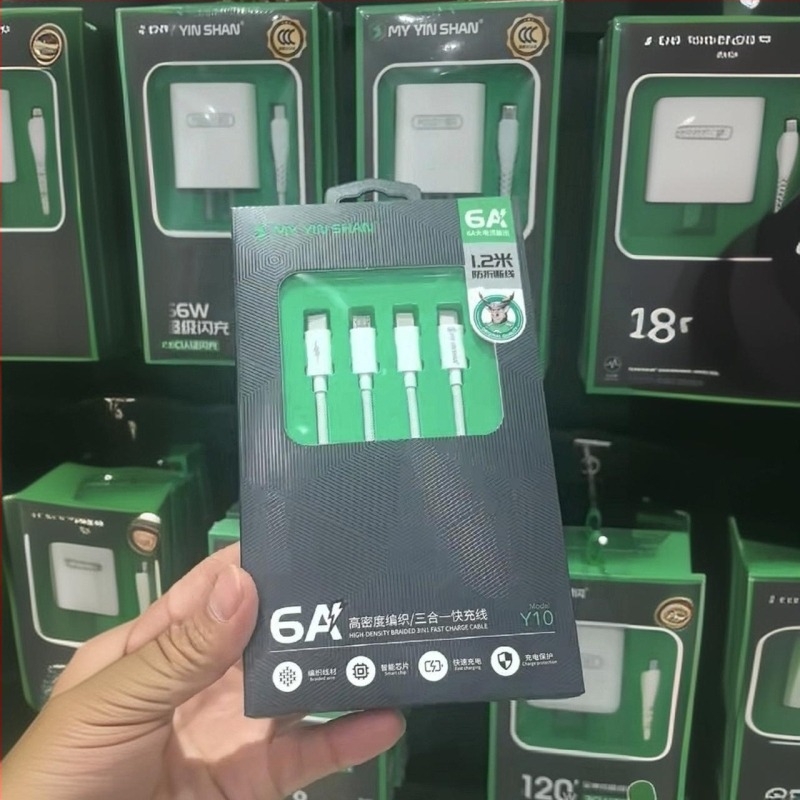 Y10 120W brzi punjač podatkovni kabel s 1 na 3 razgranom, Lightning, Micro USB i USB-C, duljina 1,2 m