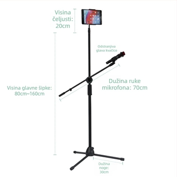 Podna stalka za mikrofon — teleskopni stalak za live streaming, karaoke i nastupe; univerzalni držač za mikrofon, mobitel i tablet; kovna i plastična konstrukcija; prenosan
