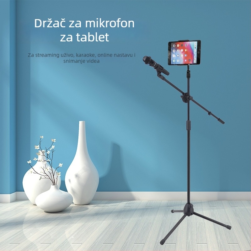 Podna stalka za mikrofon — teleskopni stalak za live streaming, karaoke i nastupe; univerzalni držač za mikrofon, mobitel i tablet; kovna i plastična konstrukcija; prenosan