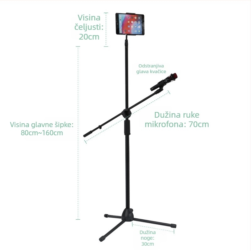 Podna stalka za mikrofon — teleskopni stalak za live streaming, karaoke i nastupe; univerzalni držač za mikrofon, mobitel i tablet; kovna i plastična konstrukcija; prenosan