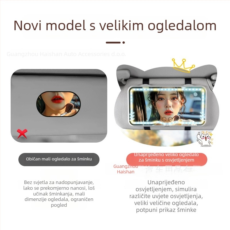 LED ogledalo za šminkanje u automobilu s LED osvjetljenjem na dodir (univerzalna prilagodba; ugradnja klipsom; mogućnost logotipa; prilagodljivo)