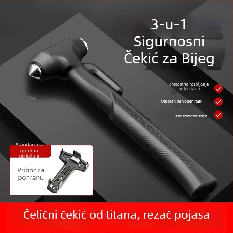 Automobilski sigurnosni čekić s dugom ručkom i rezačem, višenamjenski alat za spašavanje (Drops; Materijal: ABS + visoko ugljični čelik; Težina: 185 g)