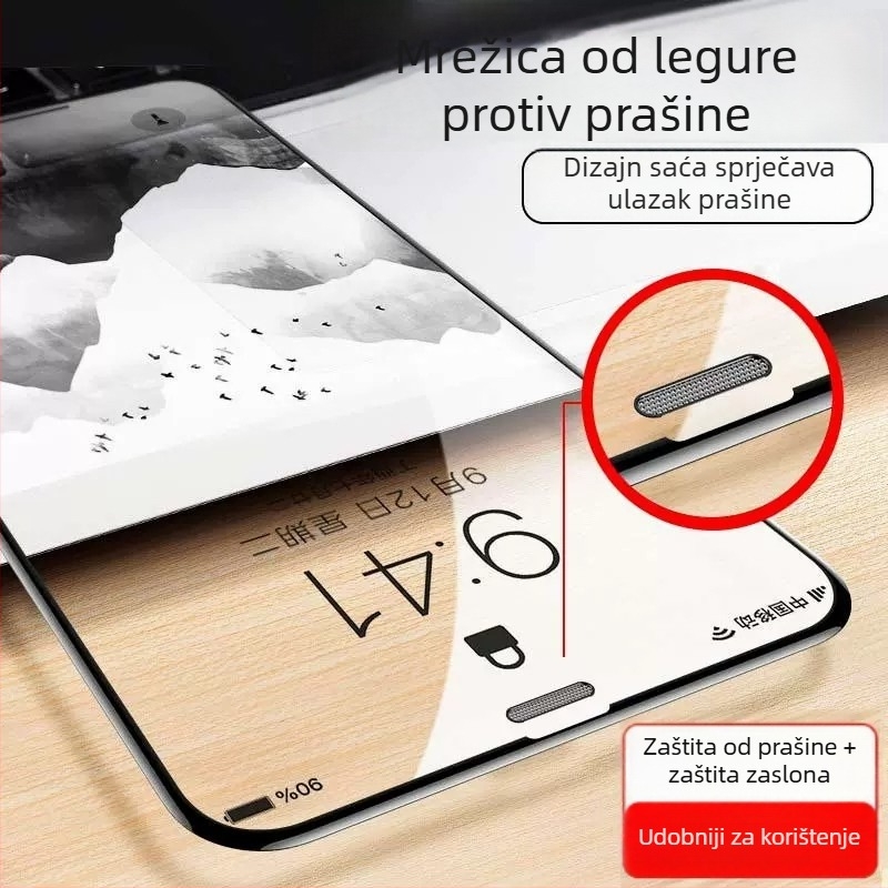 Kaljeno staklo zaslona za Apple 16, filtr prašine za slušalicu, potpuno prekrivanje s crnim rubom, Corning staklo, otporno na eksploziju
