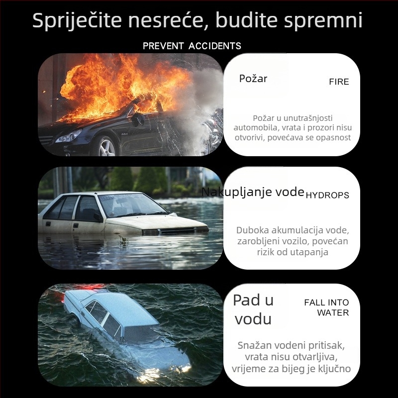 Automobilski čekić za bijeg – višefunkcijski razbijač prozora, prijenosni nužni alat — Materijal: ABS + metal; Težina: 100; Prilagodba dostupna